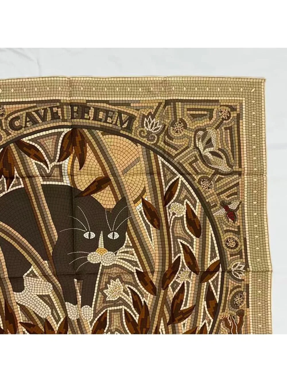 Hermes Carre 90 Scarf Silk Cave Felem Beware Of Cats Beige